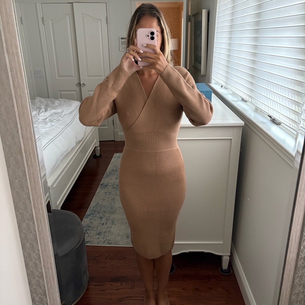 Express Tan Ribbed Midi Dress